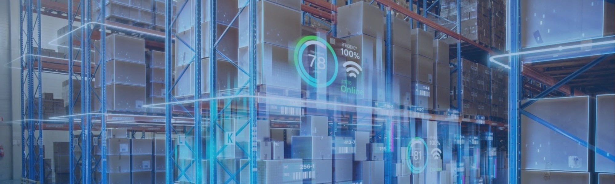 Image of inside a warehouse with overlay showing optimized percentages.