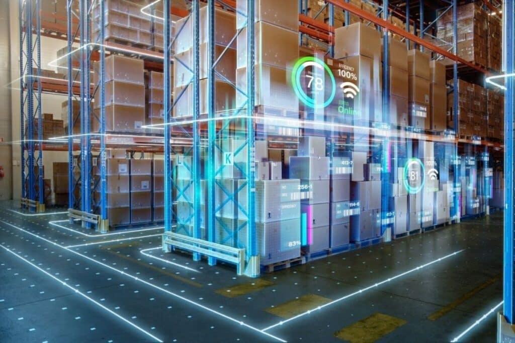 Inside a warehouse with an overlay showing different percentage levels of optimization