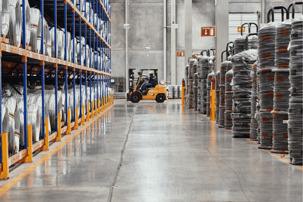 Forklift in large warehouse down a long aisle