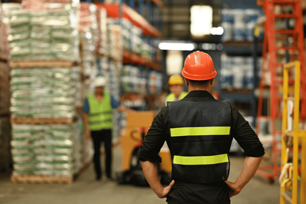 Man in a hard hat looking down an aisle in a warehouse.